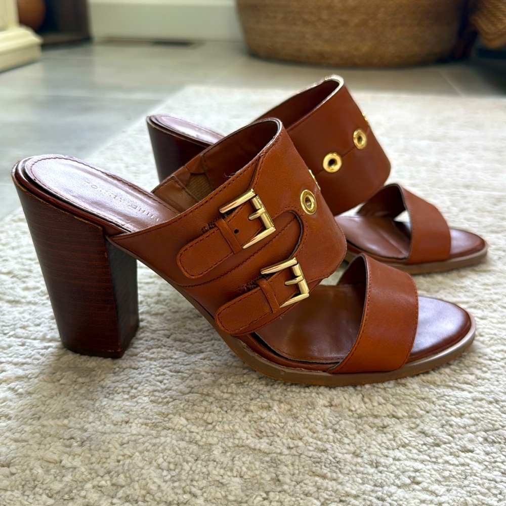 *Gently Worn* Tommy Hilfiger Tan Leather Block-Heel Slide Sandals - Size 8.5 M